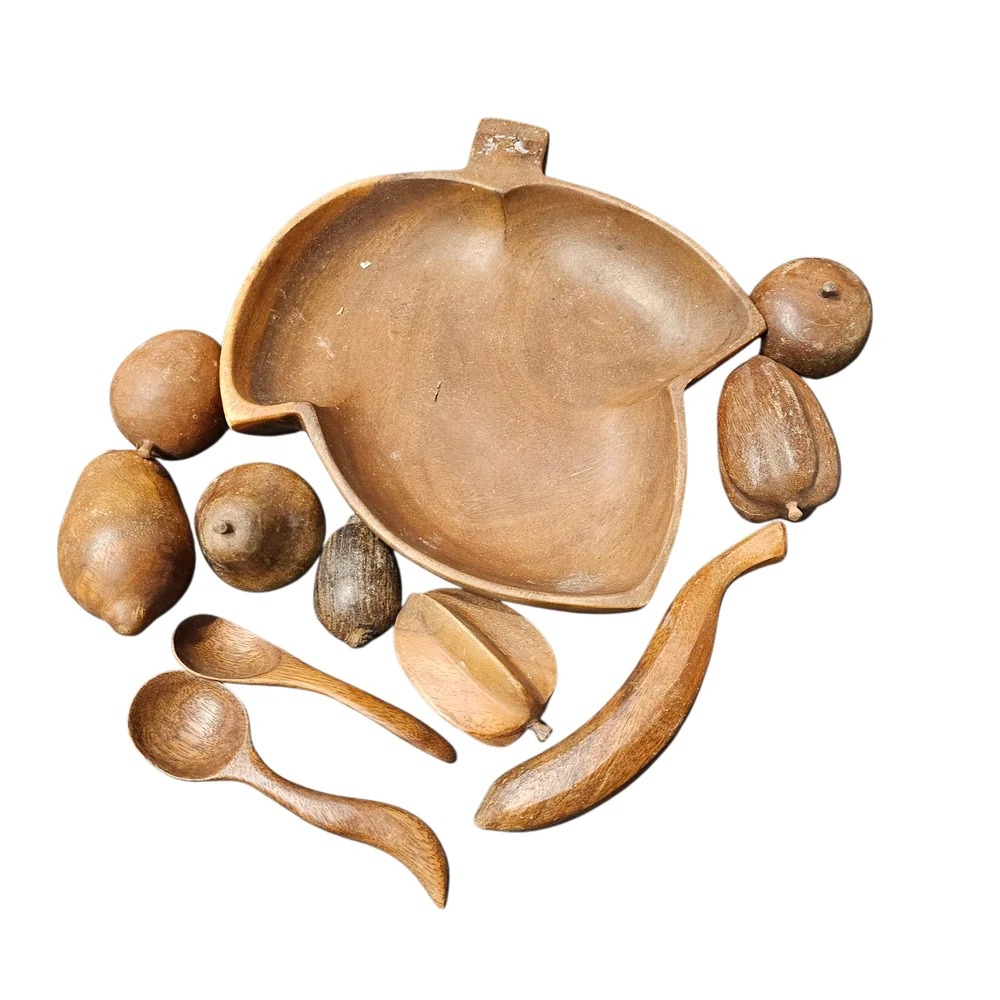 Wooden Leaf-Shaped Bowl with Decorative Fruits, Fruit Bowl